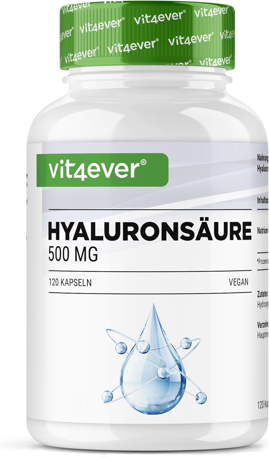 Detalle de vit4ever Hyaluronsäure - 120 Kapseln mit 500 mg Hyaluron für 4 Monate - 500-700 kDa - Aus pflanzlicher Fermentation - Ohne unerwünschte Zusätze, hochdosiert, vegan
vit4ever Hyaluronsäure - 120 Kapseln mit 500 mg…