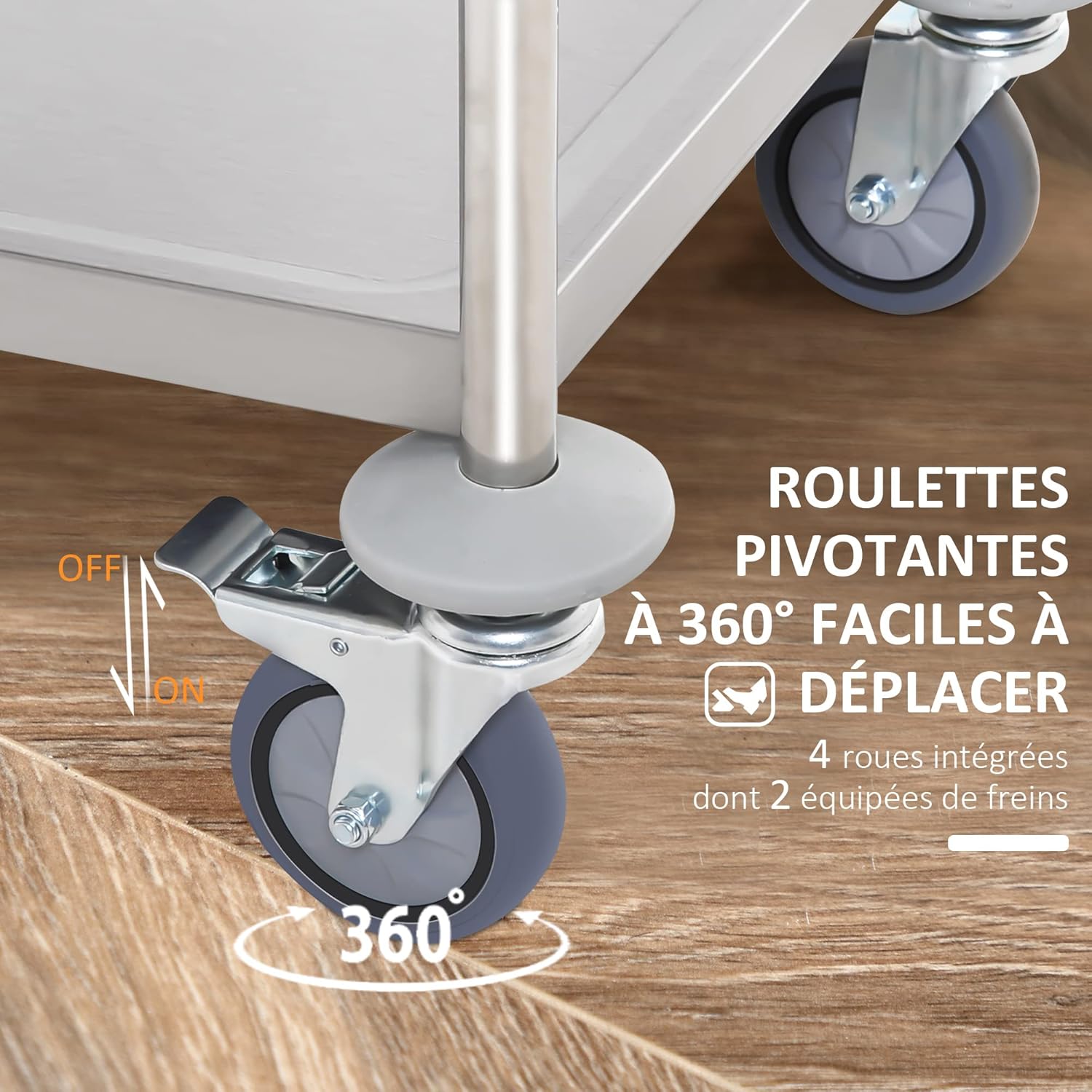 Thumbnail 3 de HOMCOM Chariot de Service et Desserte de Cuisine à Roulettes, 2 étagères, 80L x 45cm x 82H, Acier Inox chromé