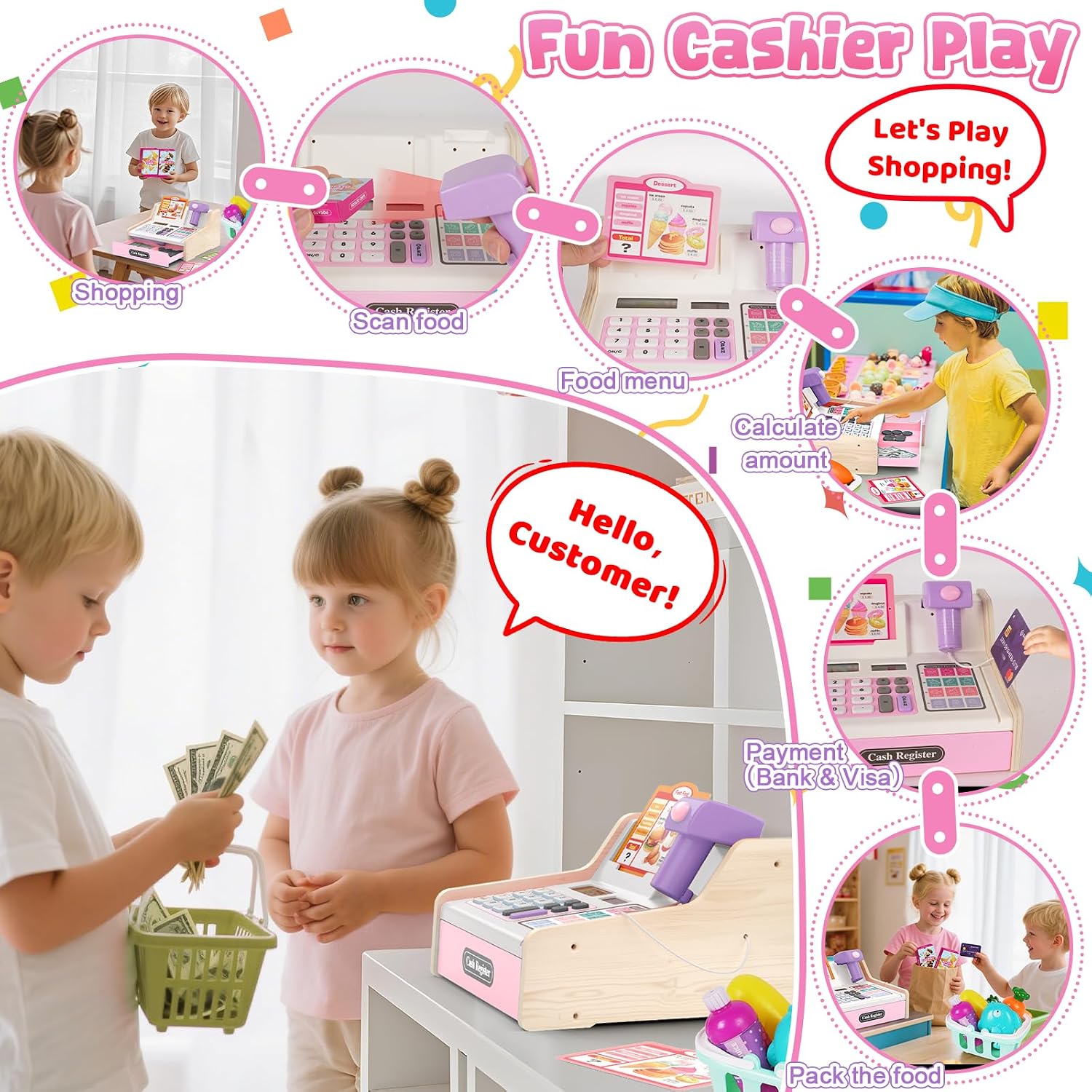 Detalle 2 de Maysida Kinderkasse Holz-Registrierkasse mit Scanner & Sound – rosa