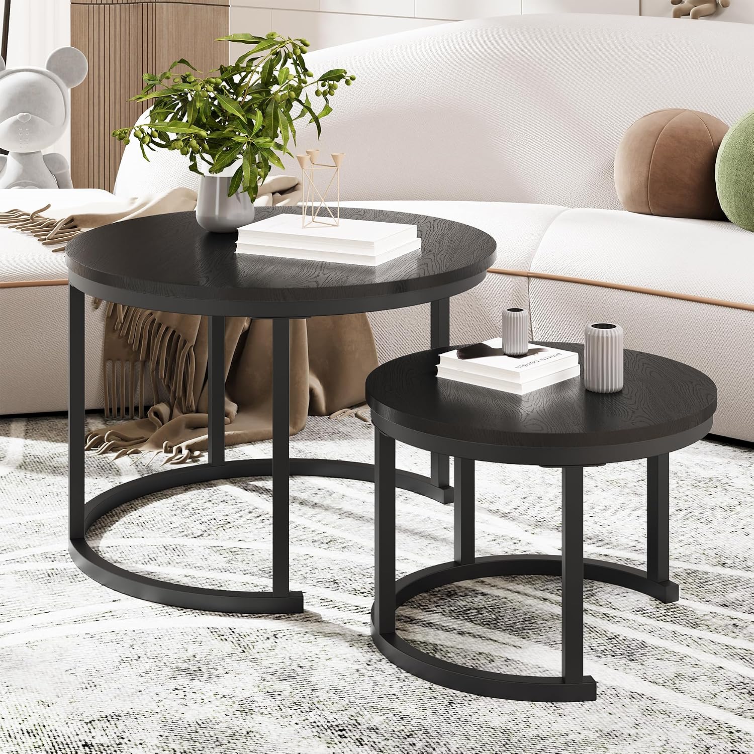 Detalle de HOMERECOMMEND ronde salontafelset van 2 met houten bladen en zwart metalen frame