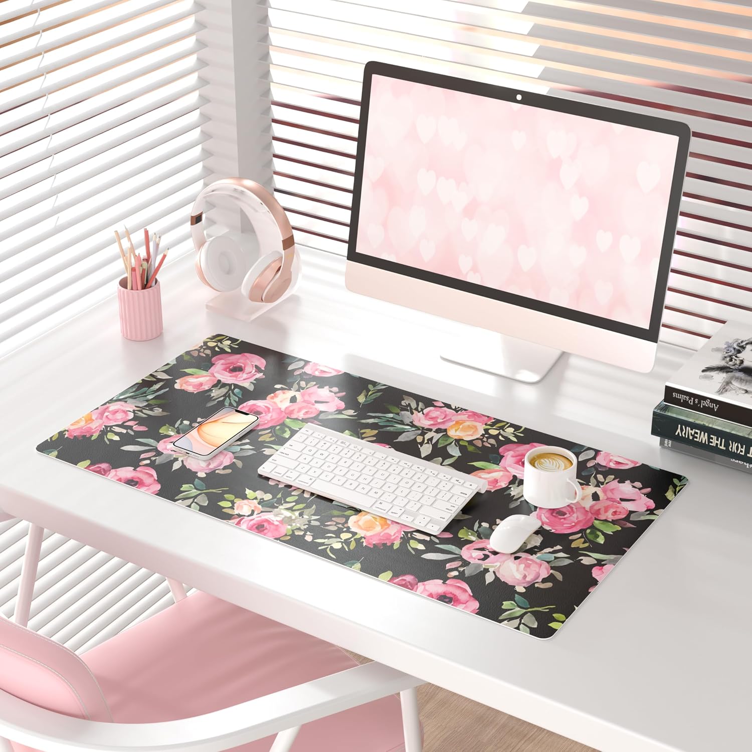 Detalle de QiyI DP-6141-PDP Large PU Leather Mouse Pad, Pink Roses, 31.5" x 15.7