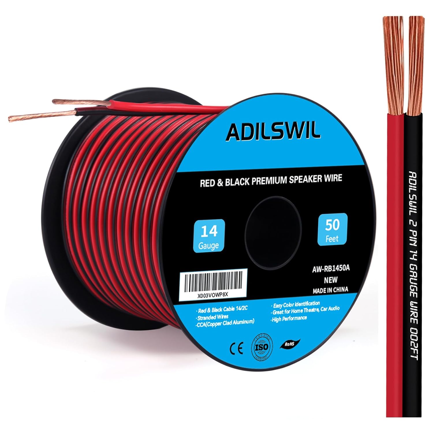 Detalle de ADILSWIL 14AWG 50FT Speaker Wire: Dual-Conductor Red/Black CCA Cable for Low-Voltage Installations