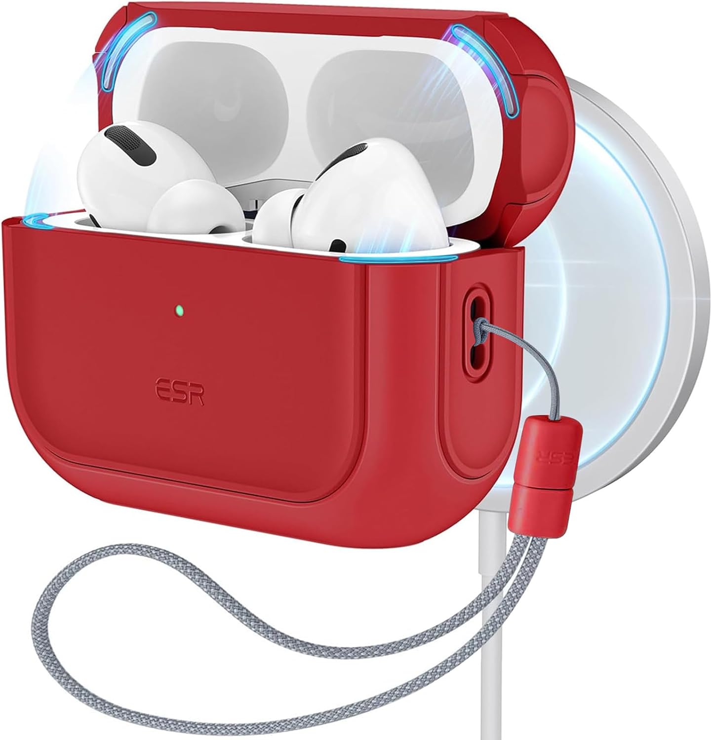 Detalle de Coque ESR pour AirPods Pro 2/1 – Protection hybride avec MagSafe et sangle, Rouge
