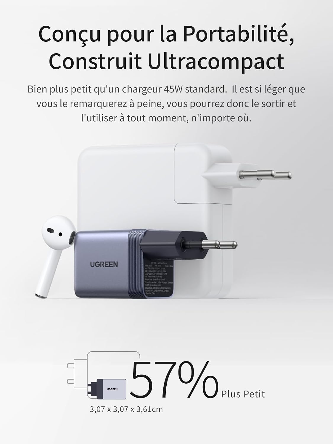 Detalle de UGREEN Nexode Air 45W 1C — Chargeur USB-C Mini PPS GaN pour iPhone, MacBook et plus