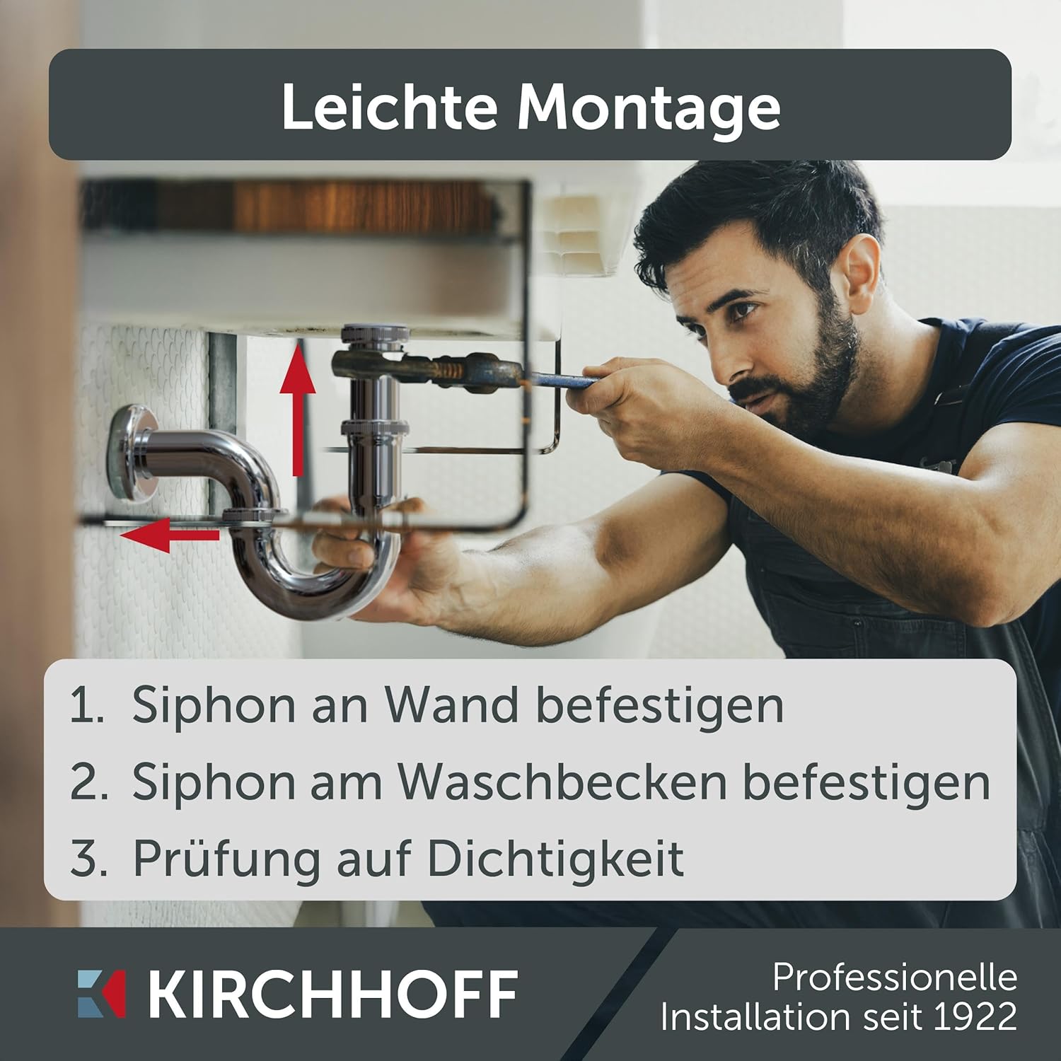 Thumbnail 1 de KIRCHHOFF Siphon Waschbecken PLUS – langlebiger Siphon mit langem Abfluss- und Tauchrohr, 1 1/4" Anschluss, 32 mm