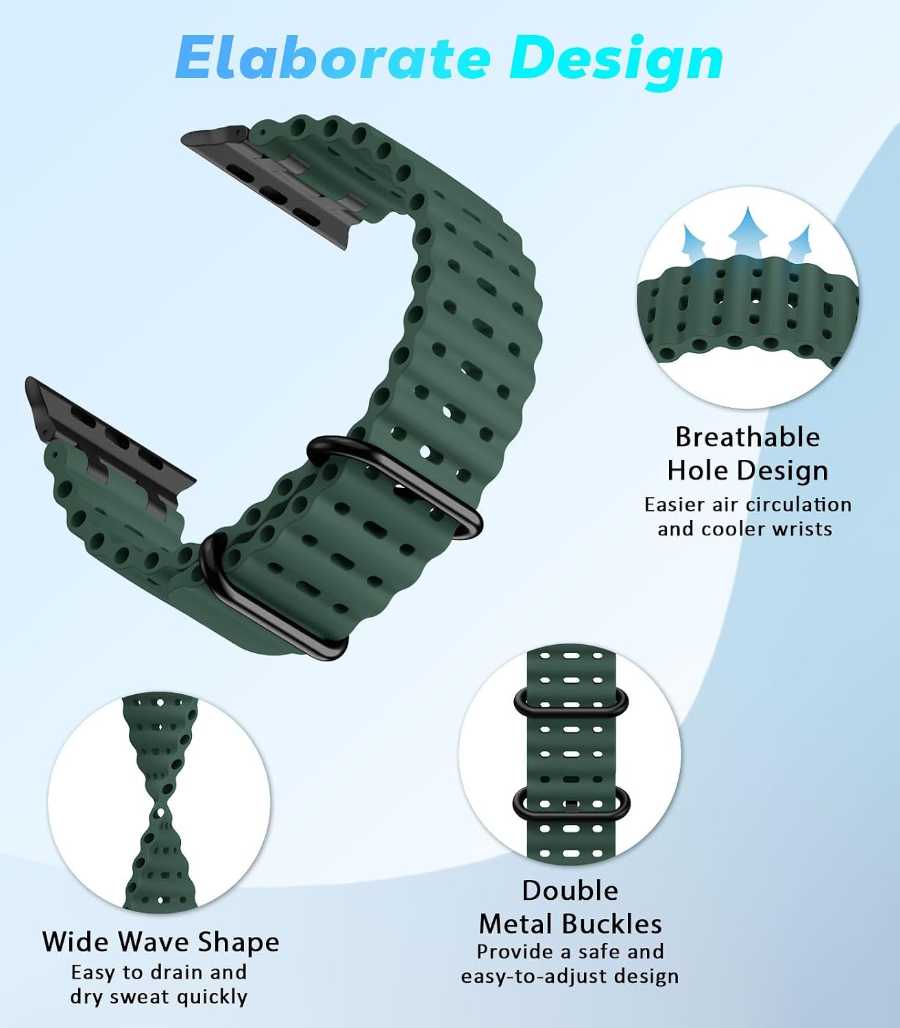 Detalle de Astorgos Ocean Band for Apple Watch Ultra and SE – Breathable Silicone Strap with Stainless Steel Connectors