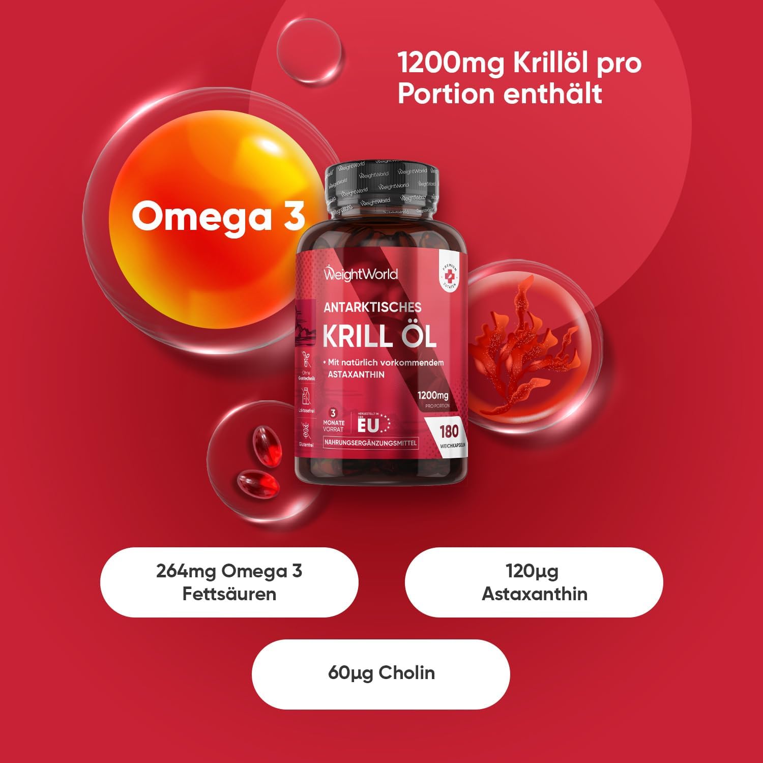 Thumbnail 1 de WeightWorld Antarktisches Krillöl – Weichkapseln mit Omega‑3, DHA/EPA & Astaxanthin (1200 mg pro Portion, 180 Softgels)