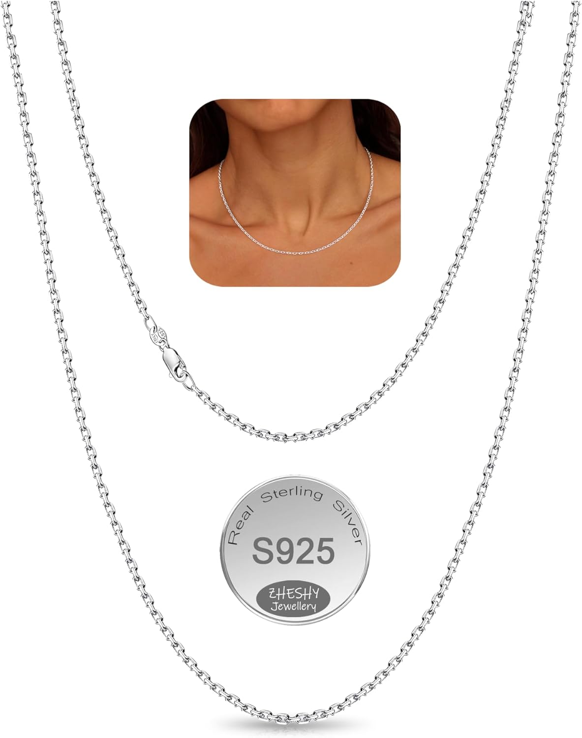 Detalle de ZHESHY 925 Sterling Silver O-Link Chain Necklace (18 inch, 1.5mm) for Pendant & Layering