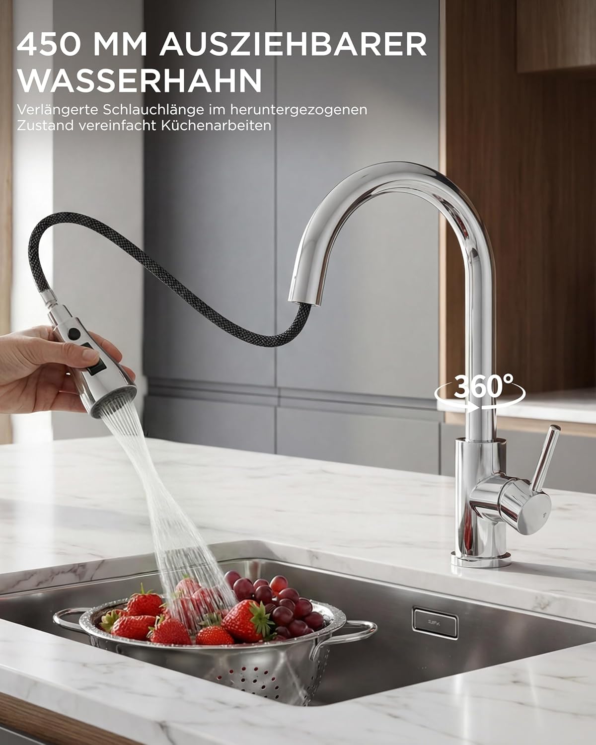 Thumbnail 4 de FORIOUS Wasserhahn Küche – ausziehbare Spültischarmatur, 360° drehbar, drei Strahlarten, Hochbogen, Chrom