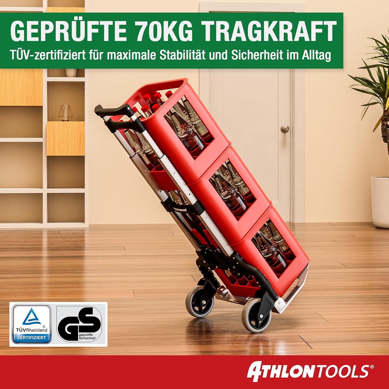 Detalle de ATHLON TOOLS Aluminium Transportkarre klappbar mit langem Teleskopgriff (110 cm) – TÜV geprüft