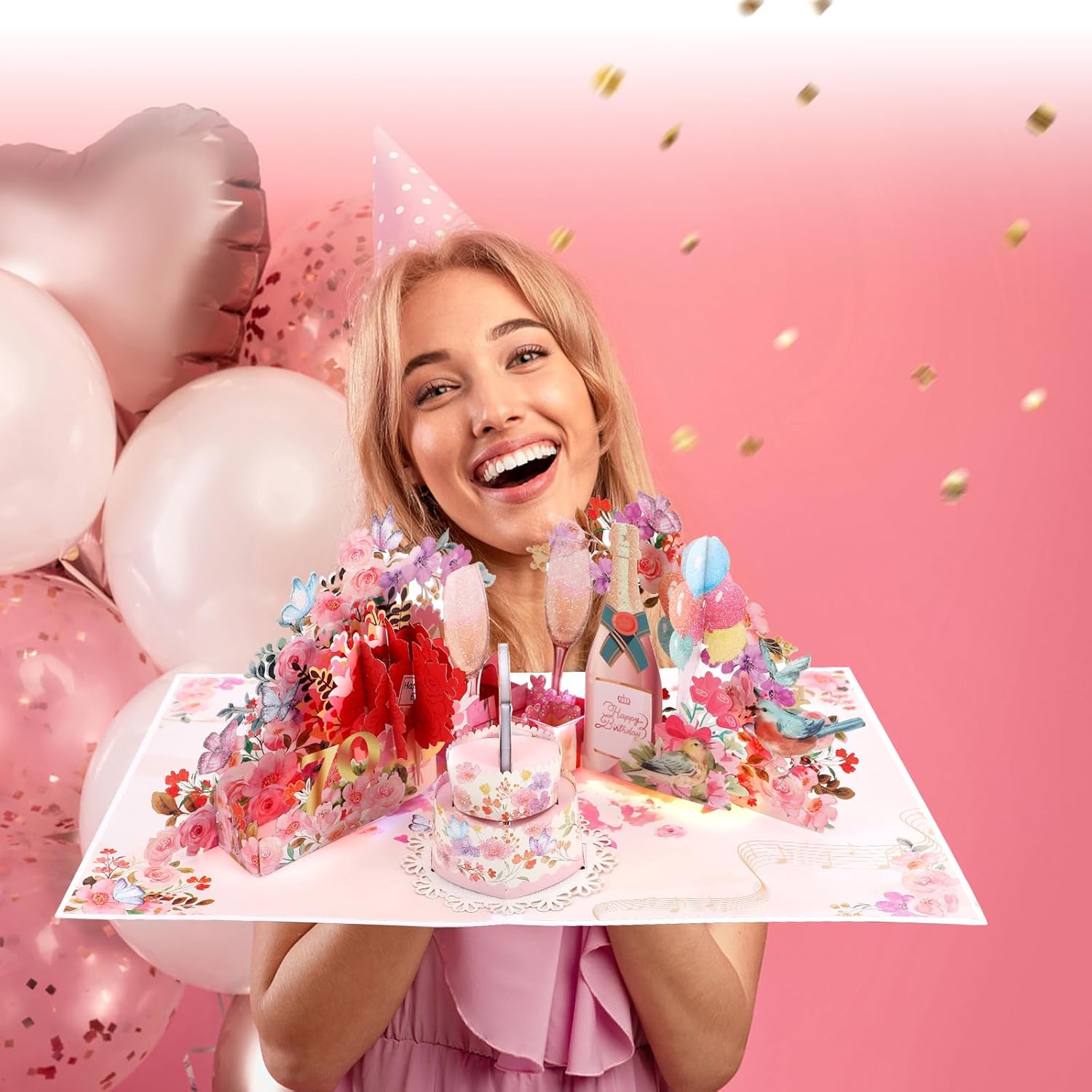 Thumbnail 4 de 70th Birthday Card for Women – Musical Pop-Up with Light and Champagne