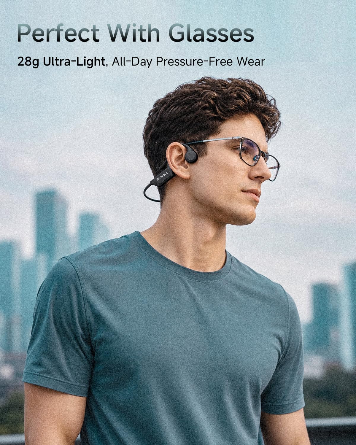 Detalle de Rhyfell Casque à conduction osseuse Bluetooth 6.0 – Écouteurs Sport Oreilles Libres, IPX5, 28 g