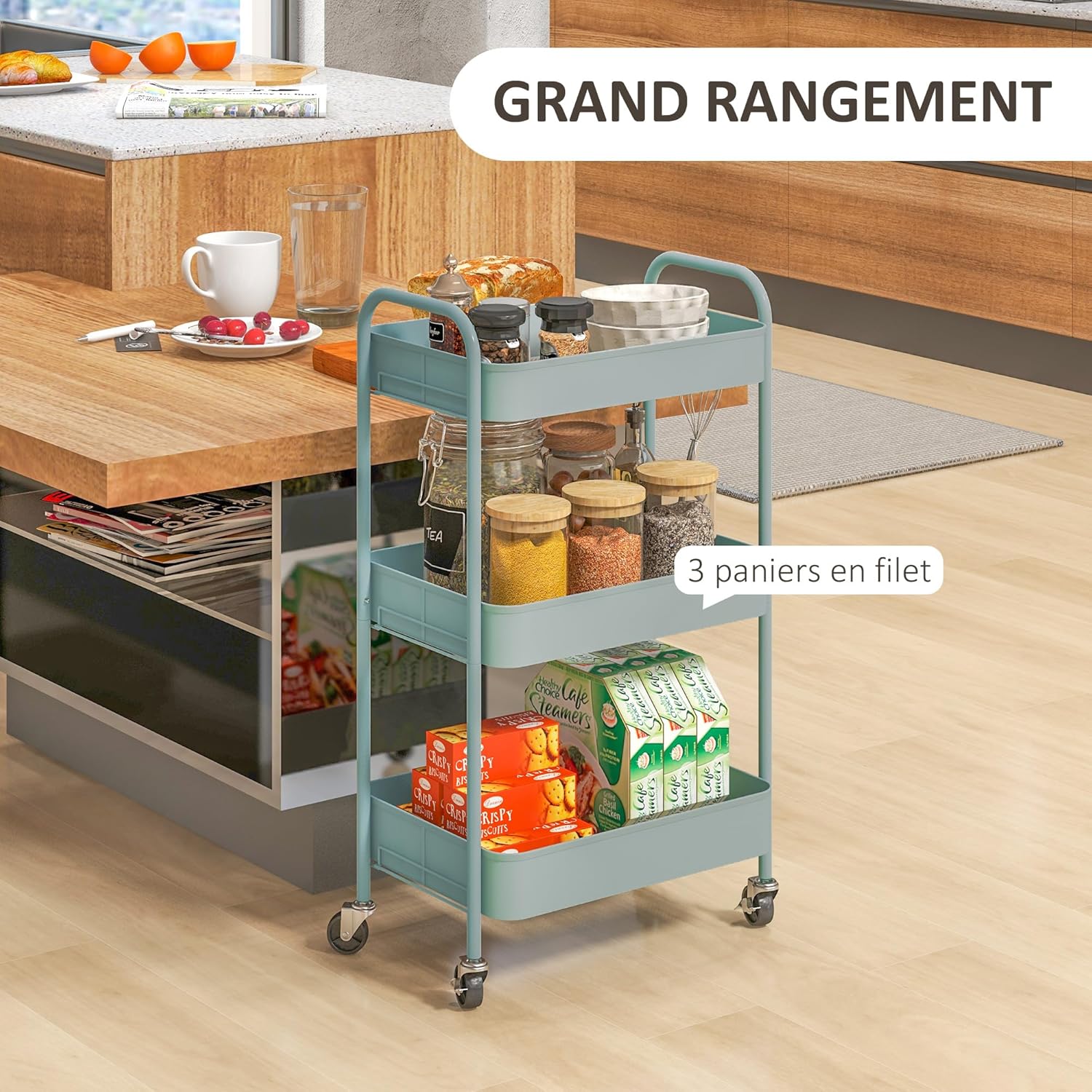 Detalle de HOMCOM Desserte chariot de rangement en acier à roulettes, 3 niveaux ajourés (45 x 30,6 x 79 cm) bleu clair