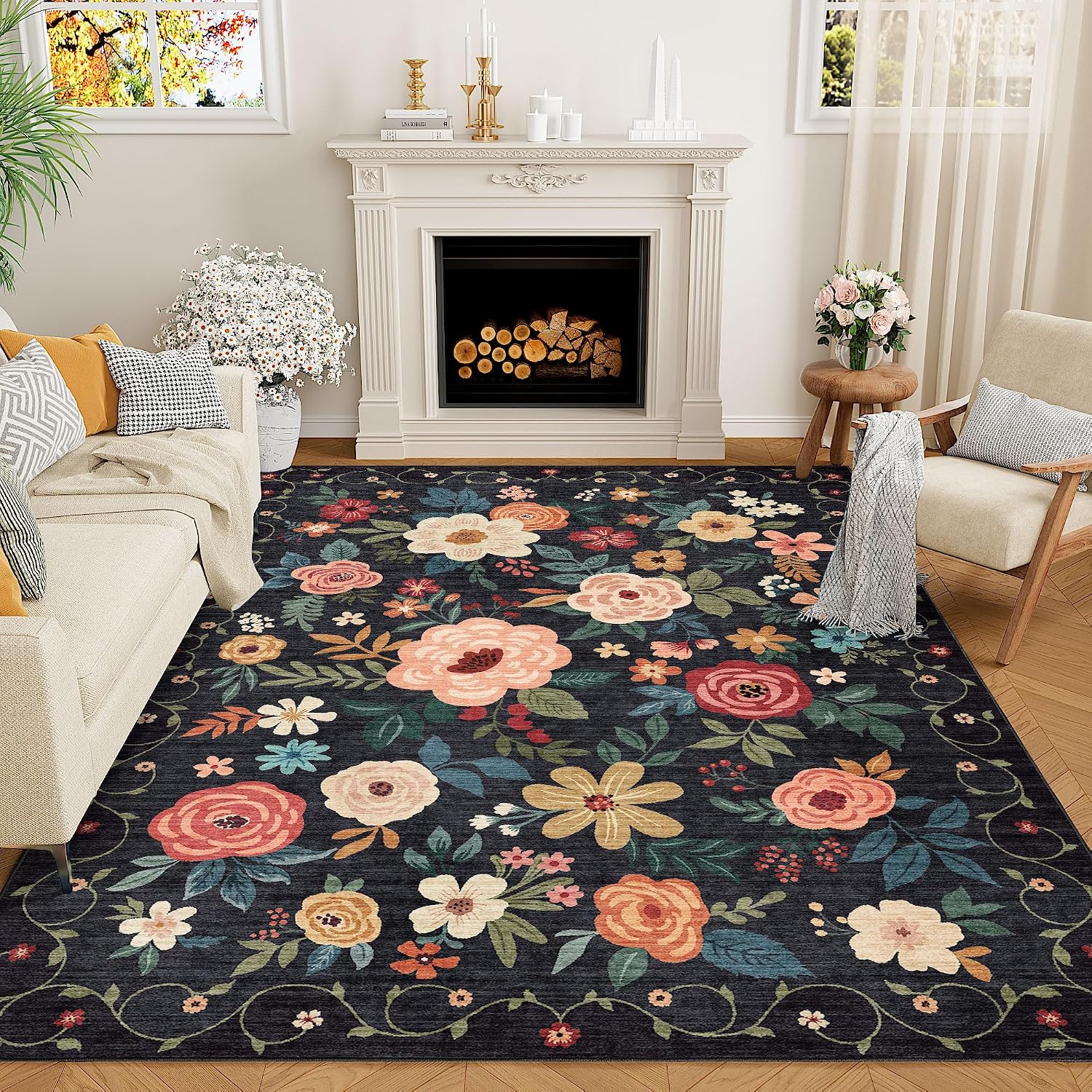 Detalle de DUKINO 5x7 Floral Area Rug, Low Pile Black ๐