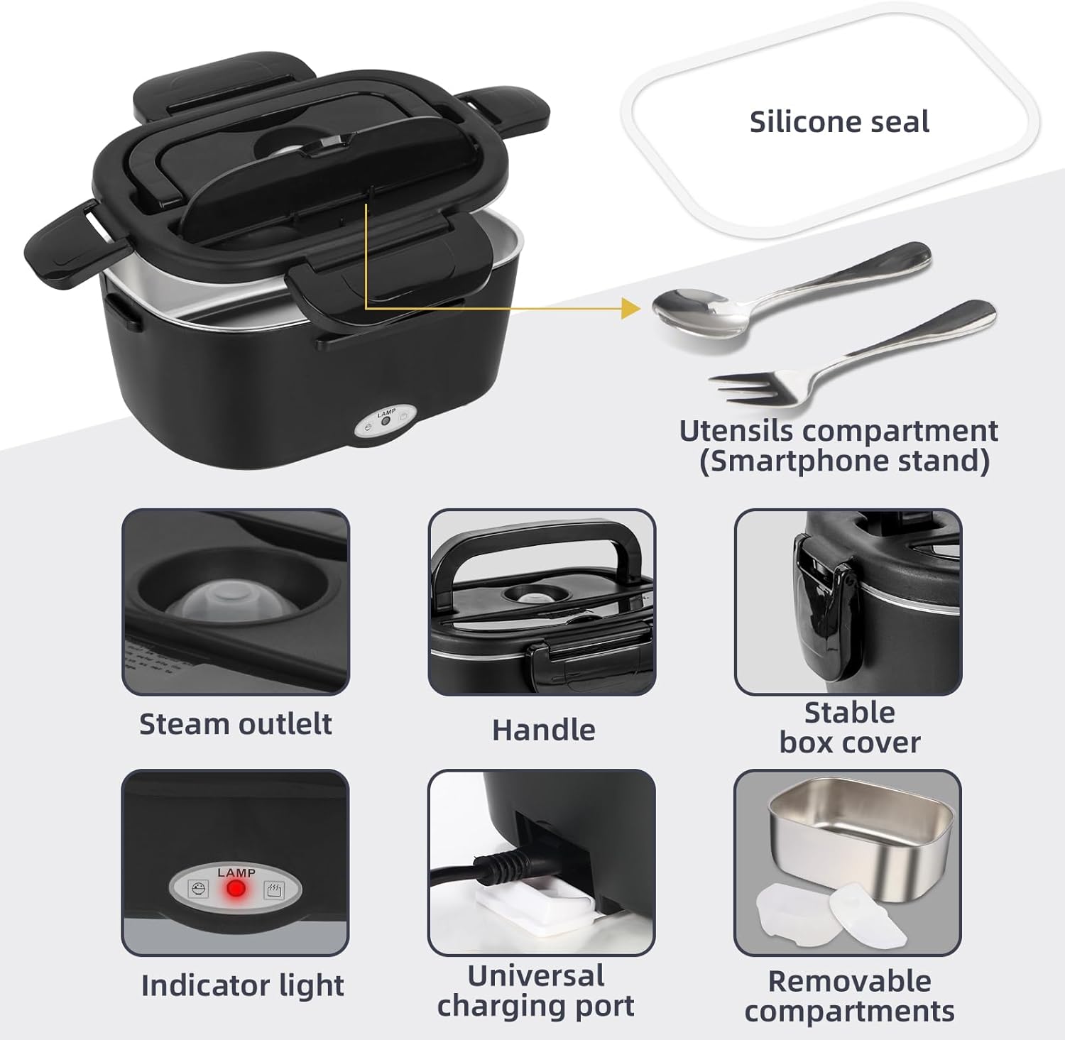 Detalle de SOHIDA 80W Electric Lunch Box, 1.5 L Stainless Steel, 12V/24V/110V