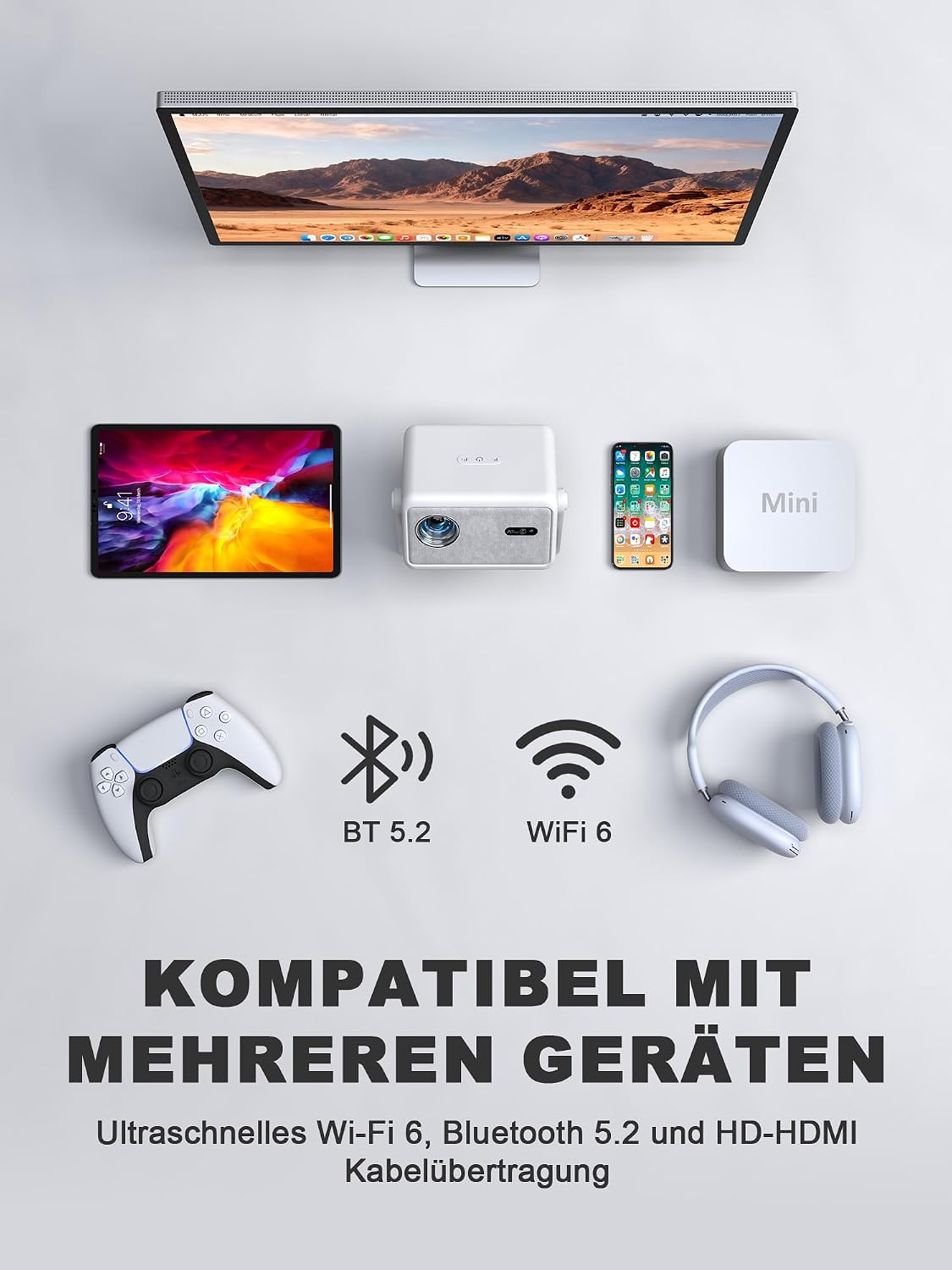 Detalle 2 de VISSPL Smart Mini Beamer 4K H86 – Tragbarer 4K Heimkino-Projektor mit AutoFocus, Trapezkorrektur und KI-Unterstützung