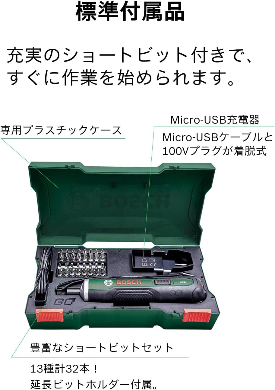 Detalle de ボッシュ PUSHDRIVE 3.6Vコードレスドライバー 6段階トルク調整・32本ビット付き