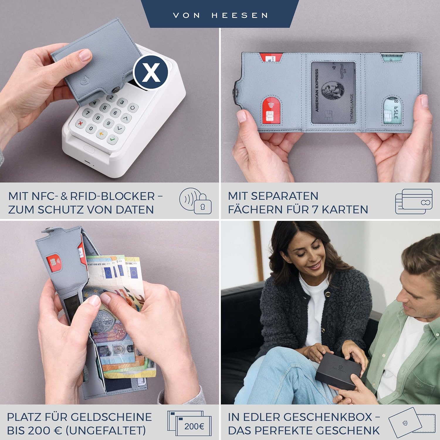 Detalle de VON HEESEN Slim Wallet mit XL Münzfach & RFID-Schutz – Mini Geldbörse aus Nappa-Leder in Hellblau