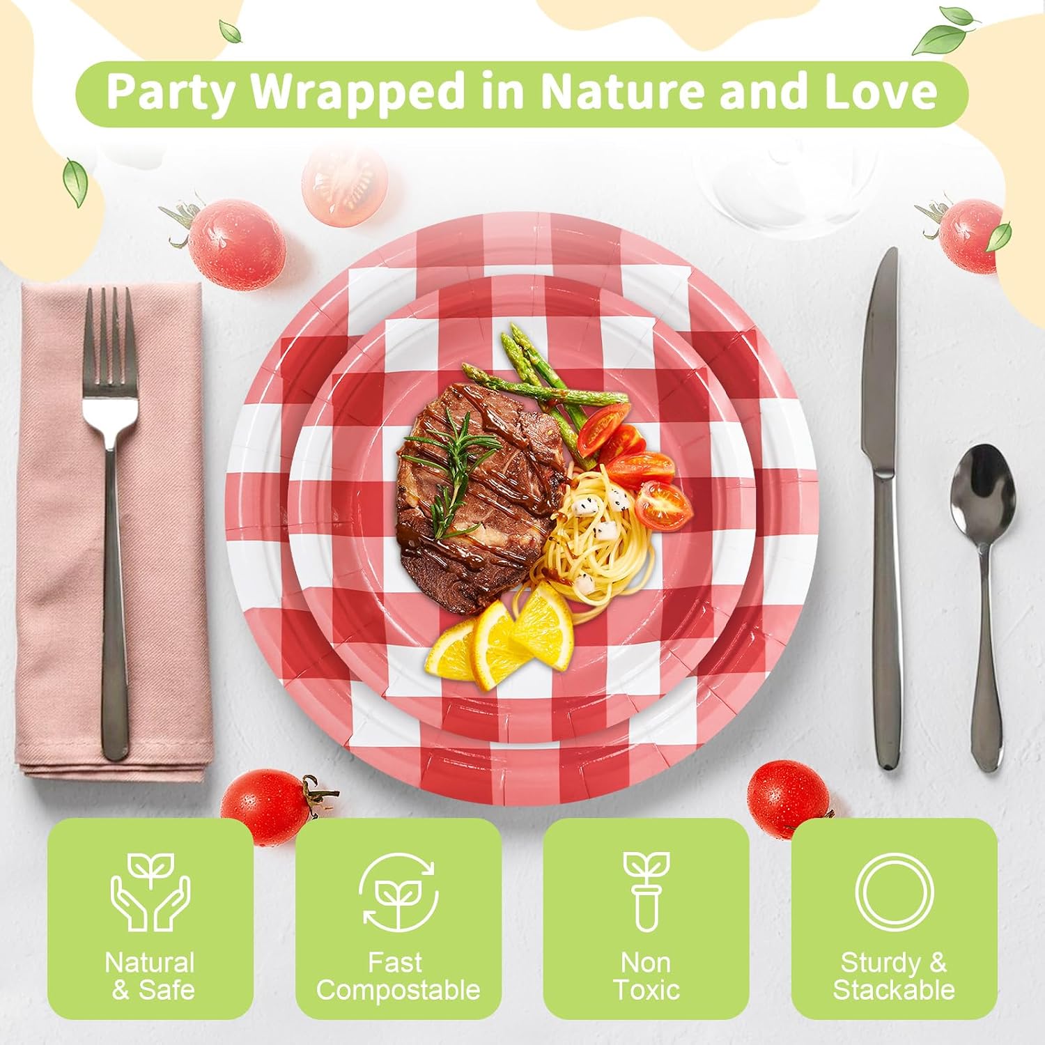 Thumbnail 2 de LANLISA 50 Red Gingham Paper Plates Set – 25 x 7" Dessert Plates & 25 x 9" Dinner Plates