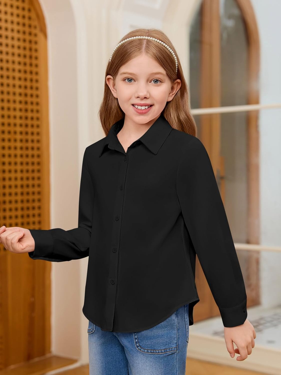 Detalle de Haloumoning meisjesblouse met lange mouwen, knoopsluiting en rechte pasvorm