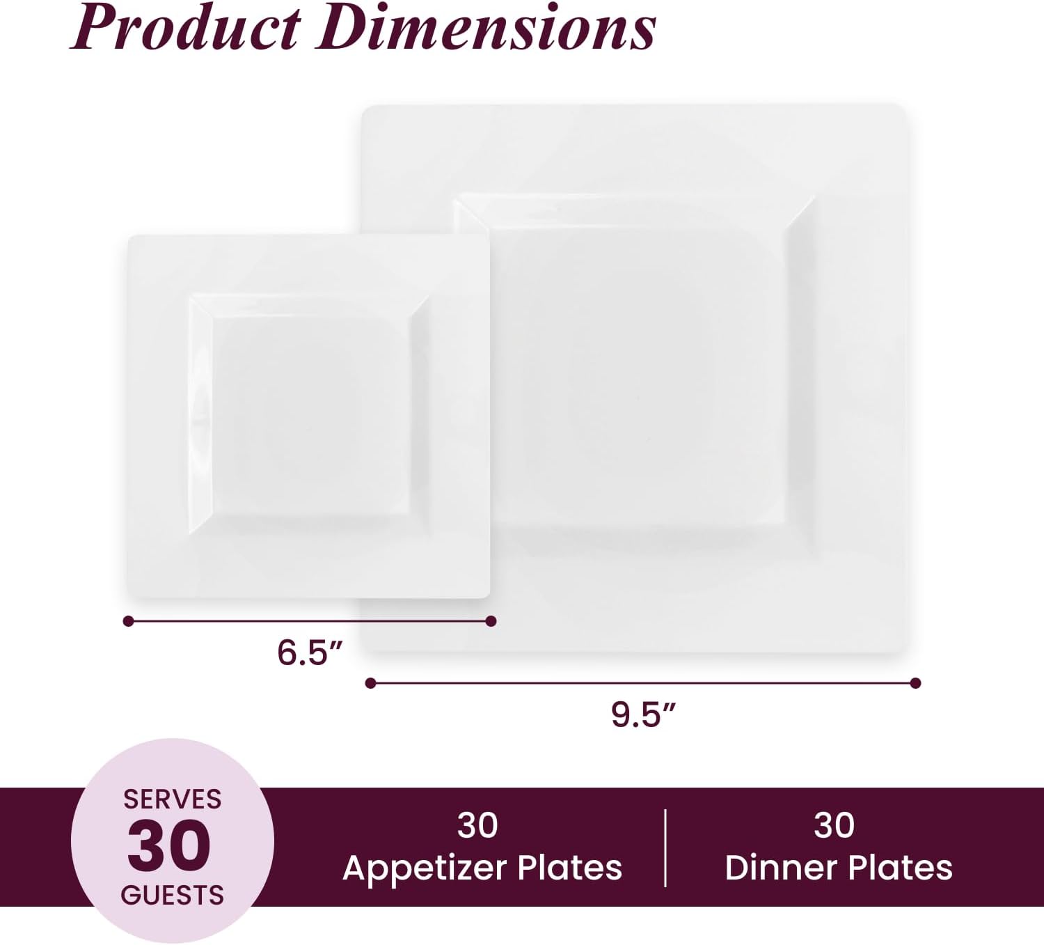 Detalle de Aya's 60ct Square Plastic Disposable Plates, White - 9.5-Inch Dinner & 6.5-Inch Salad Plates (Heavy-Duty, Square) for Parties