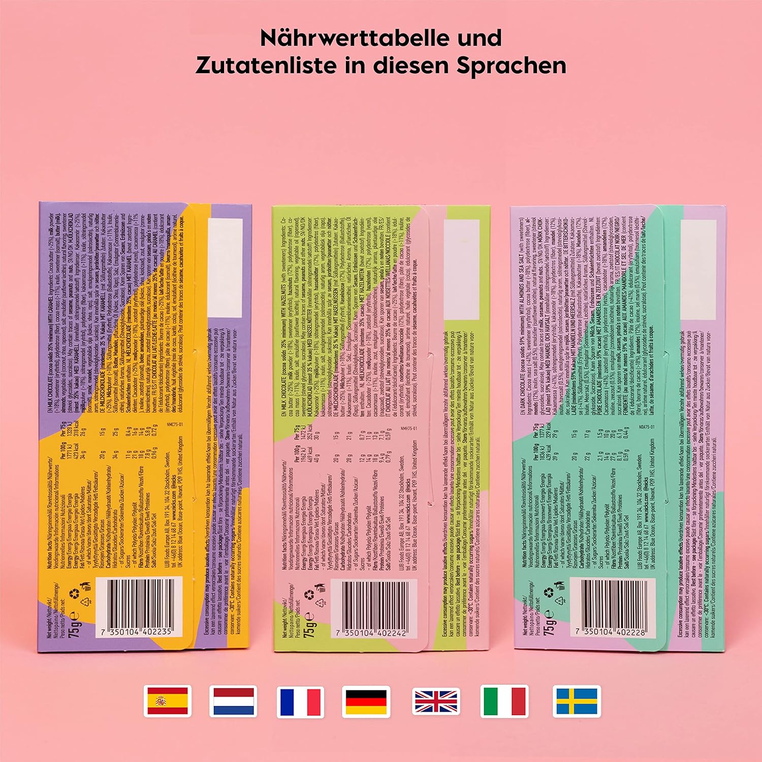 Thumbnail 5 de NICKS Schokolade Tafeln Mix ohne Zuckerzusatz (glutenfrei, Low Carb, ohne Palmöl) – Keto-Schokoladen-Mischpackung 3×75 g