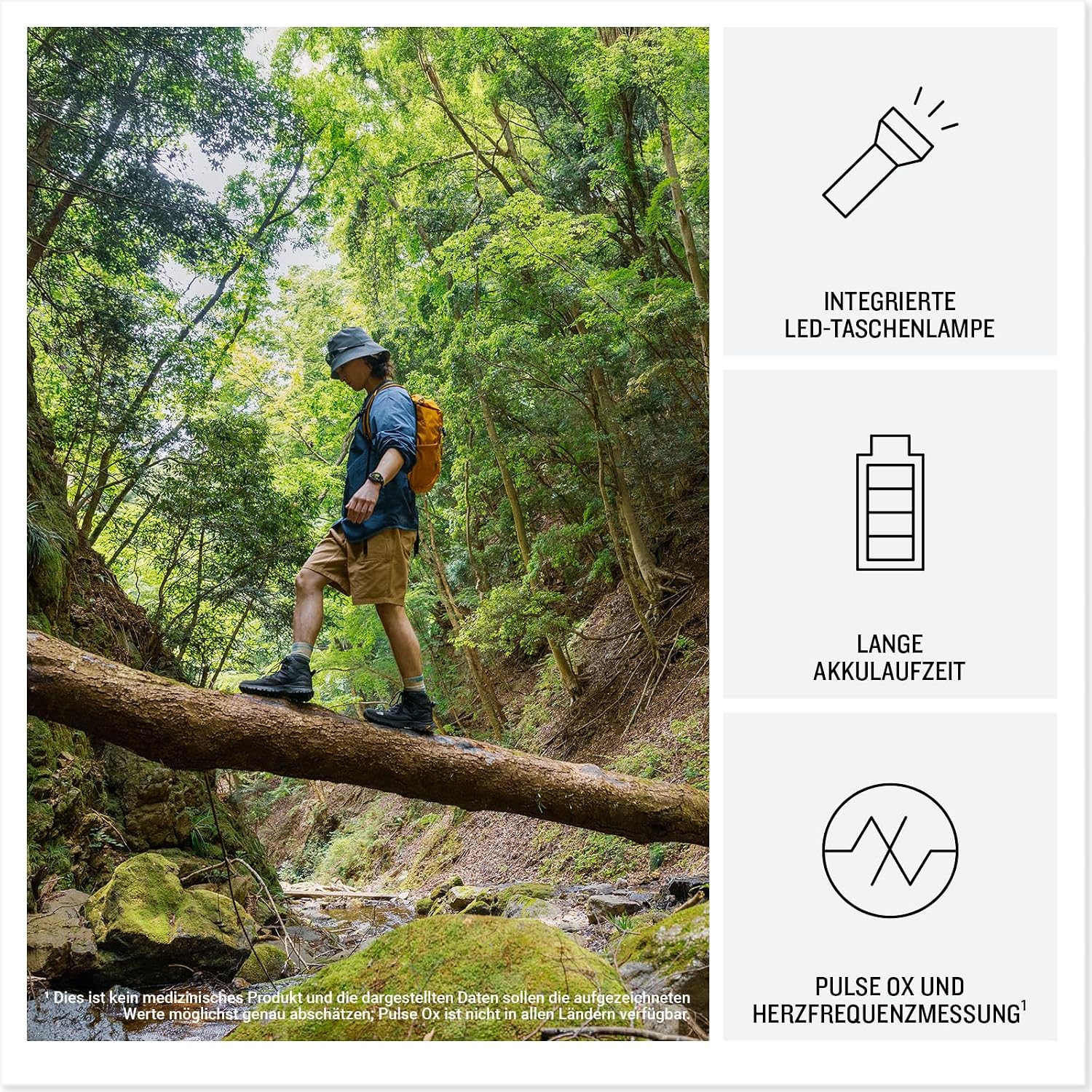 Detalle de Garmin Instinct 3 50mm AMOLED – GPS-Multisport-Smartwatch mit Navigation, bis zu 24 Tagen Akku und LED-Taschenlampe