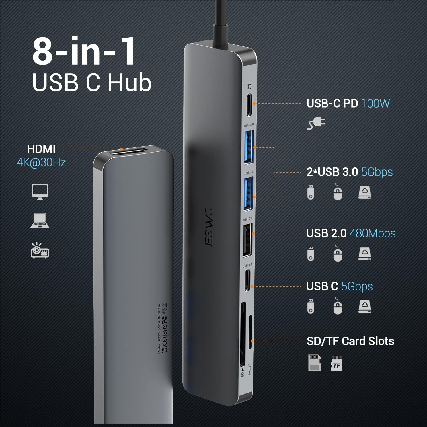 Thumbnail 1 de JESWO 8-in-1 USB-C Hub (4K HDMI, 100W PD, 5Gbps USB-A/C, SD/TF) for MacBook M1/M2 and iPad Pro