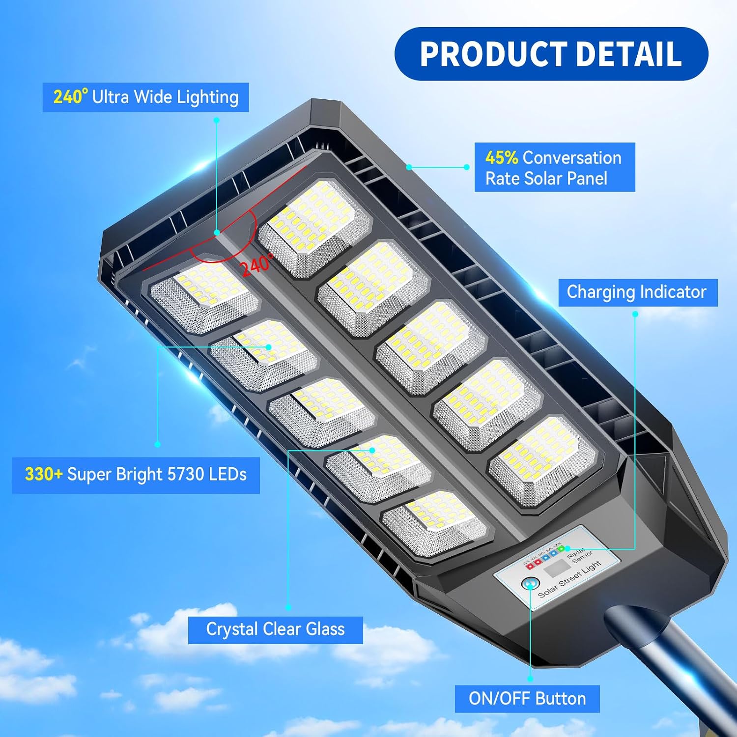Detalle de Adewalk Lampione Solare LED da Esterno con Telecomando: 330 LED, 7000 mAh, IP66, 3 Modalità, Sensor di Movimento