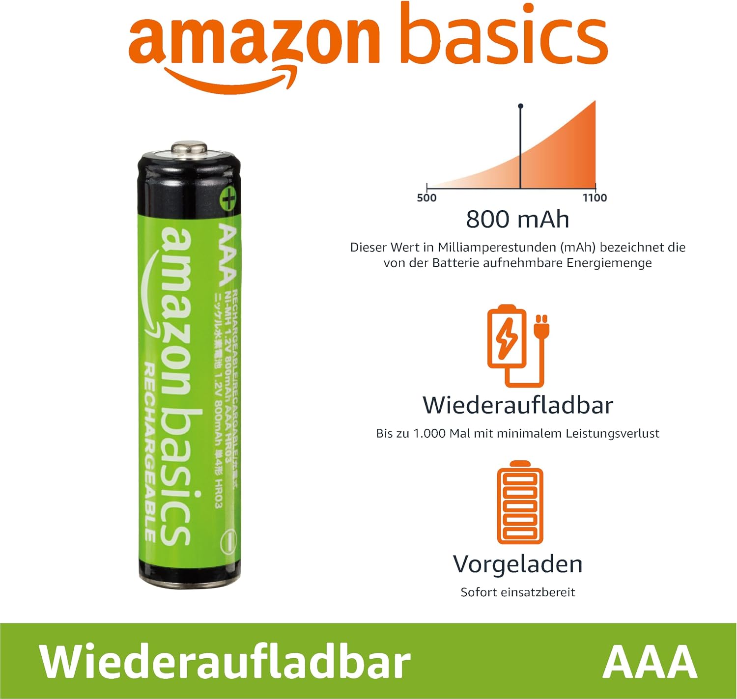 Detalle 2 de Amazon Basics AAA Akku 800 mAh wiederaufladbar