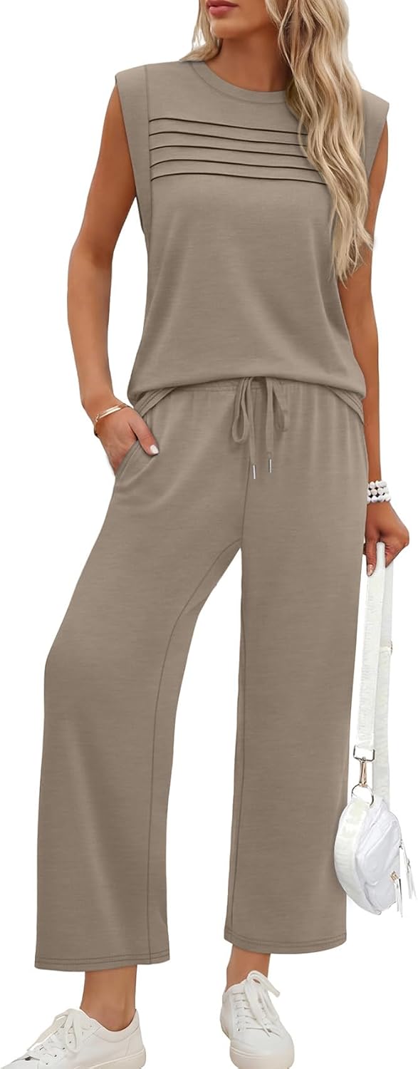 Thumbnail 1 de WIHOLL Two-Piece Set for Women: Summer/Spring Lounge Outfit with Cap Sleeve Top & Wide-Leg Cropped Pants