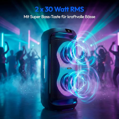 Detalle de MEDION PE-2 Plus Partybox Akku mit Mikrofon – Große Musikbox mit Karaoke-Funktion
