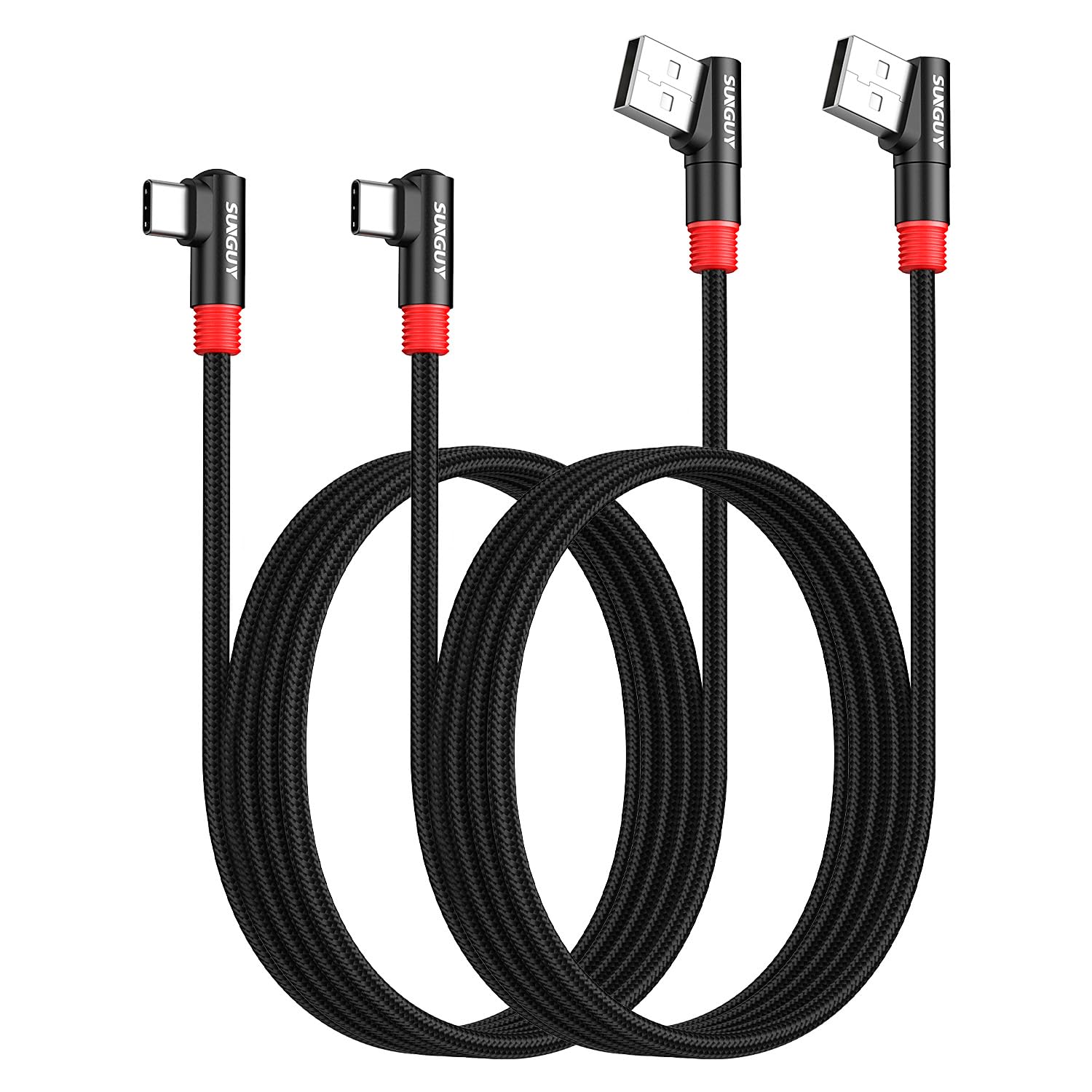 Detalle de SUNGUY USB-C Kabel im 2er-Pack, 1,8 m & 2 m – 90° Winkel, 3A, Nylon-Ummantelung, USB 2.0 Daten/18W Schnellladung