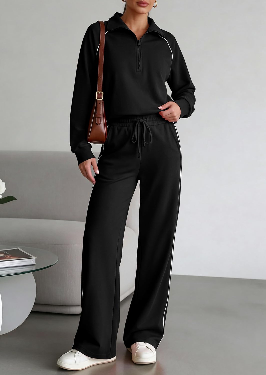 Detalle 2 de PRETTYGARDEN Women's 2 Piece Tracksuit Set: Cozy Lapel Half Zip Sweatshirt + Wide Leg Palazzo Pants