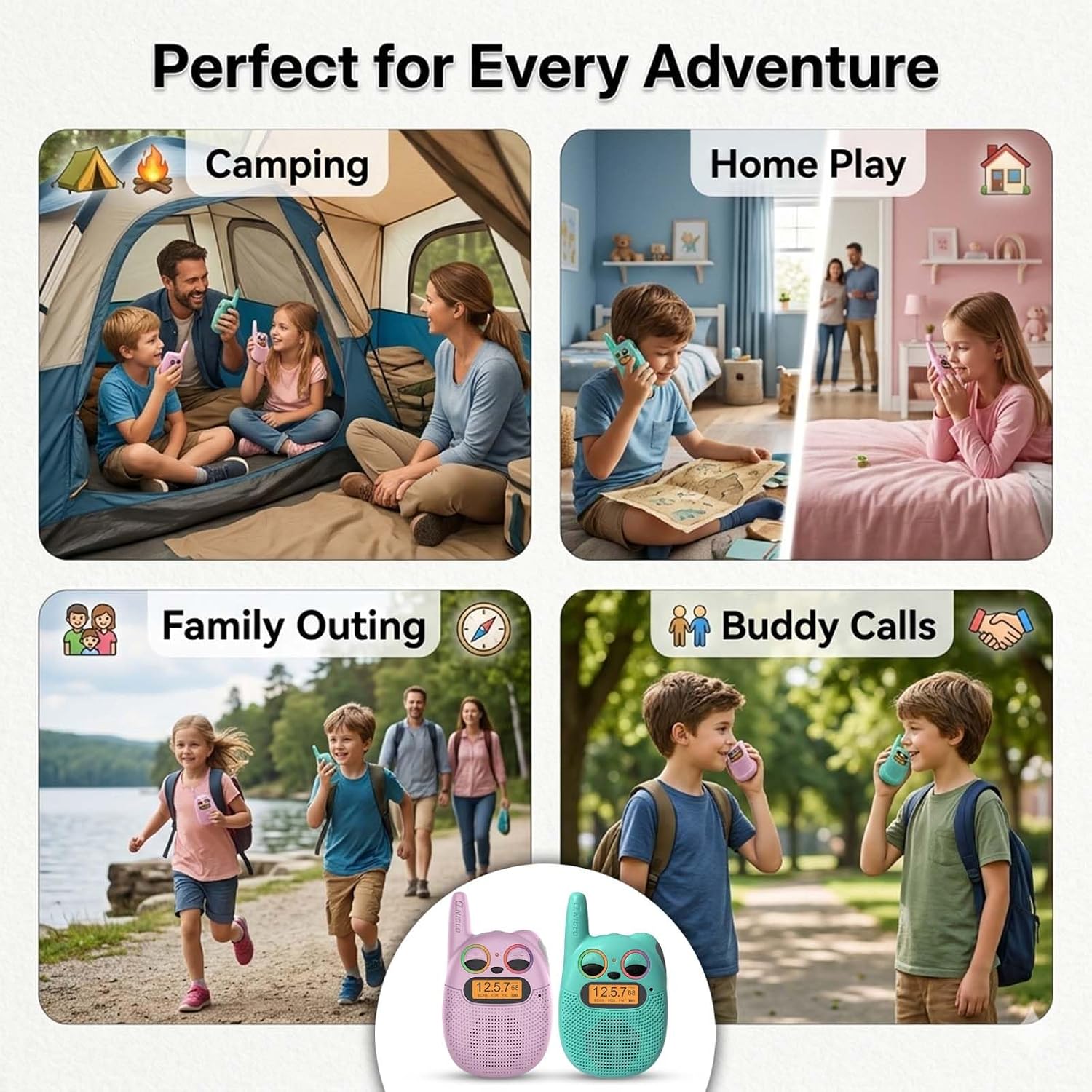 Detalle de QNIGLO Walkie Talkies for Kids (Ages 3–12) with 3-Mile Range, 22 Channels & Rechargeable Battery