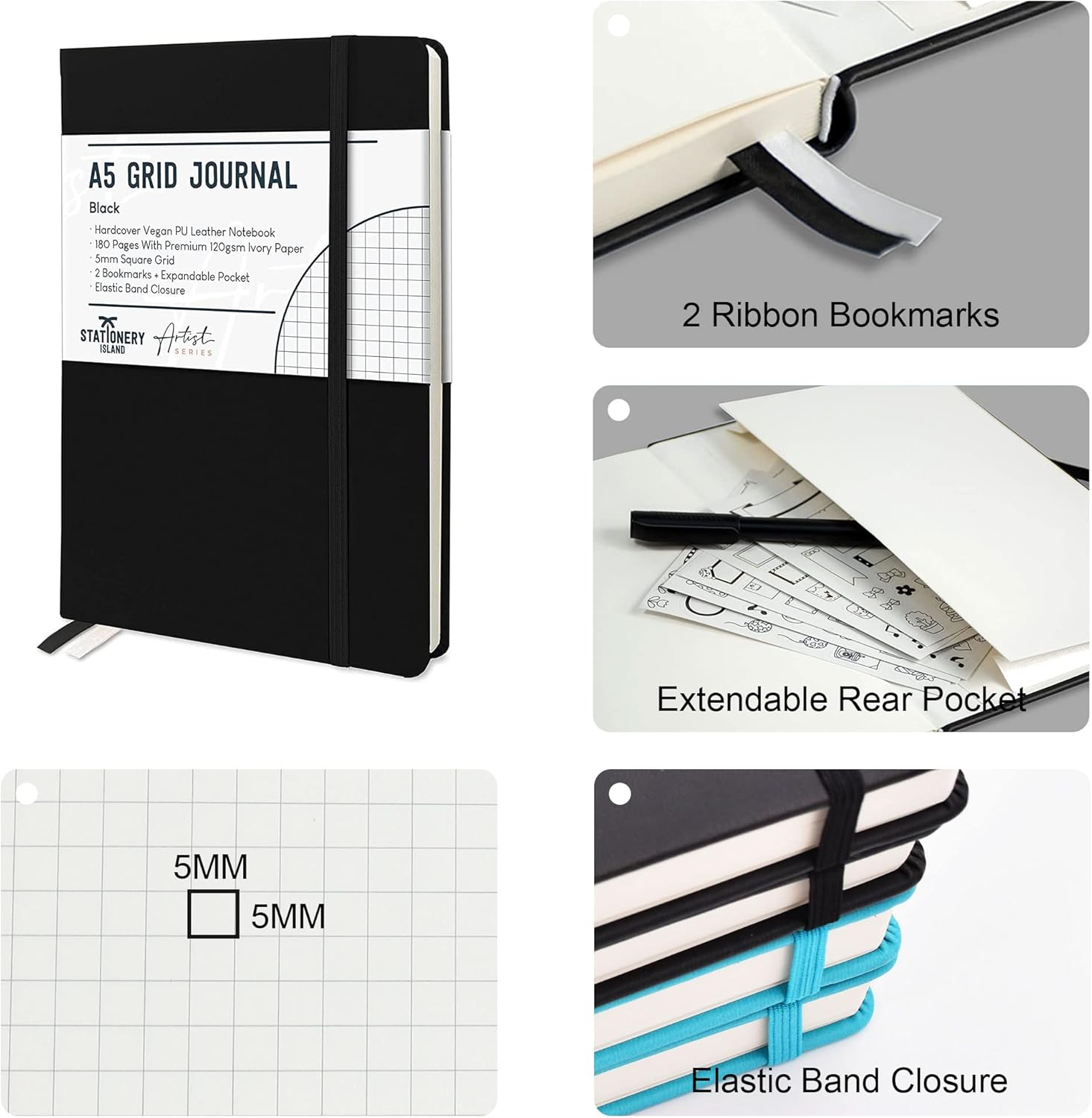 Thumbnail 3 de STATIONERY ISLAND Notizbuch A5 Kariert – Hardcover, 180 Seiten, 120 g/m², 2 Lesebändchen, praktische Tasche