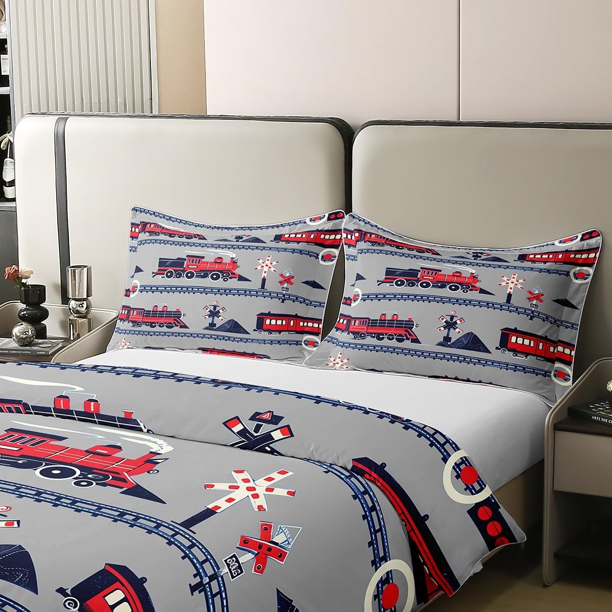 Detalle de Netter Zug Bettbezug 135x200 aus 100% Baumwolle – Grau-Rot Dampflok mit Kinderdesign