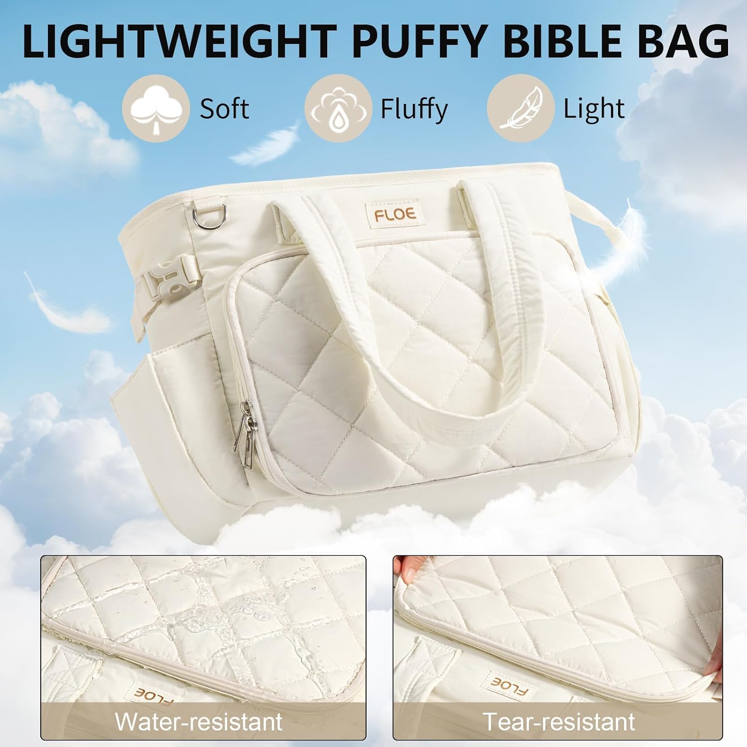 Detalle de FLOE Large Bible Tote Bag with Study Kit, Quilted Oatmeal, 14-Inch Sleeve