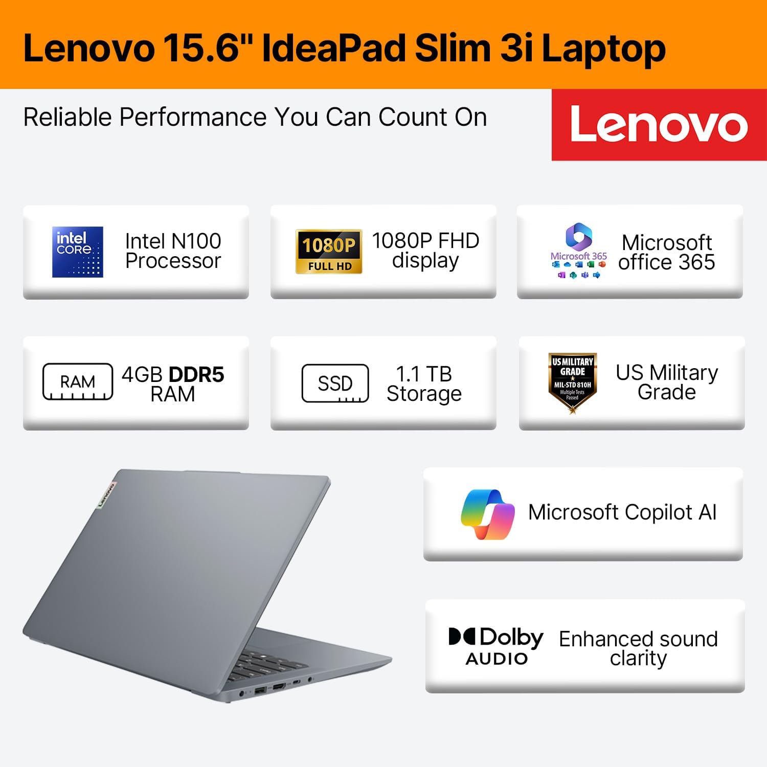 Detalle 2 de Lenovo IdeaPad Slim 3i 15.6" FHD Laptop, Intel N100, 128GB SSD, Microsoft 365