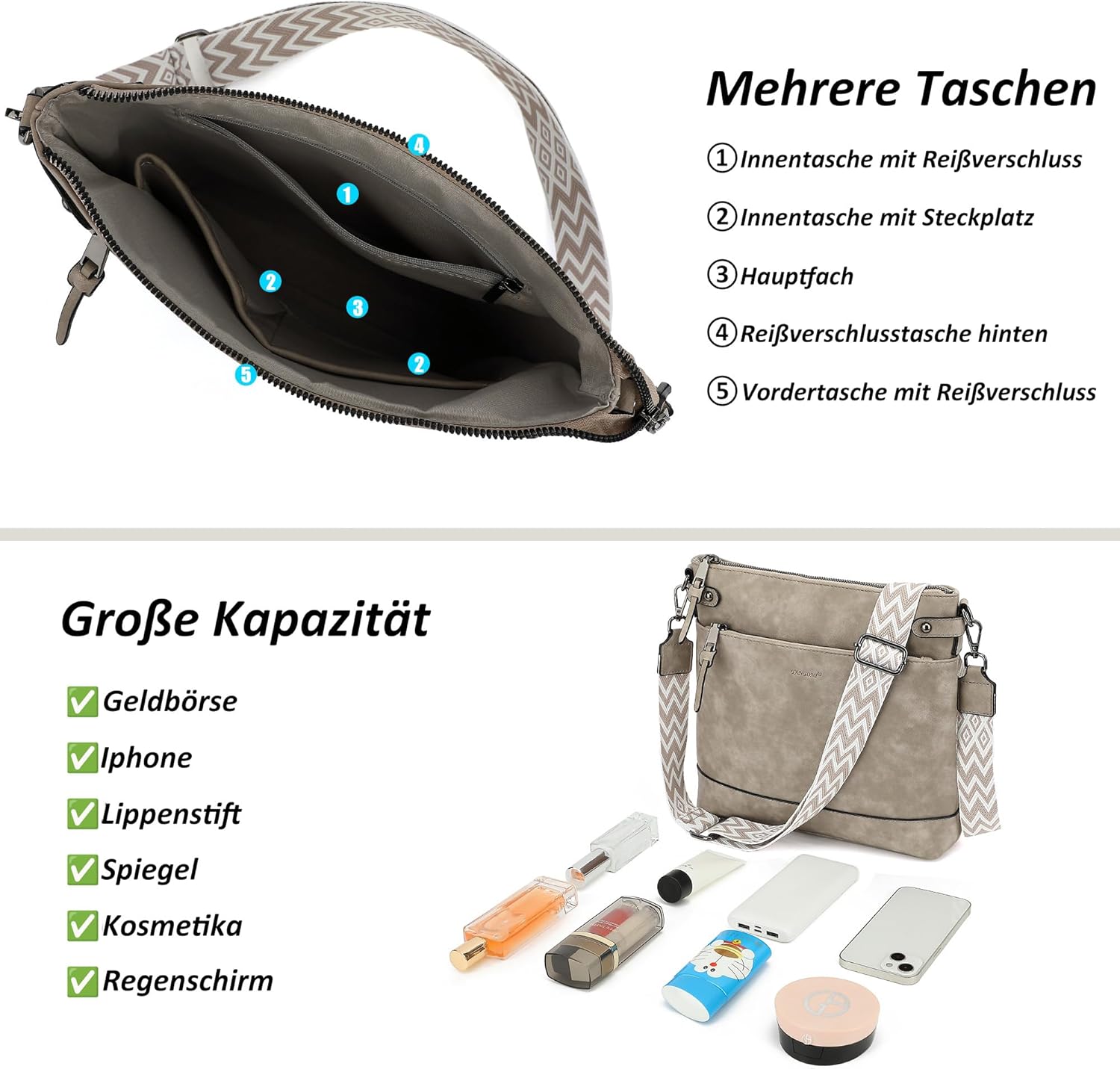 Thumbnail 4 de TANTOMI Umhängetasche Damen – mittelgroße Schultertasche mit 6 Kartenfächern und verstellbarem Gurt