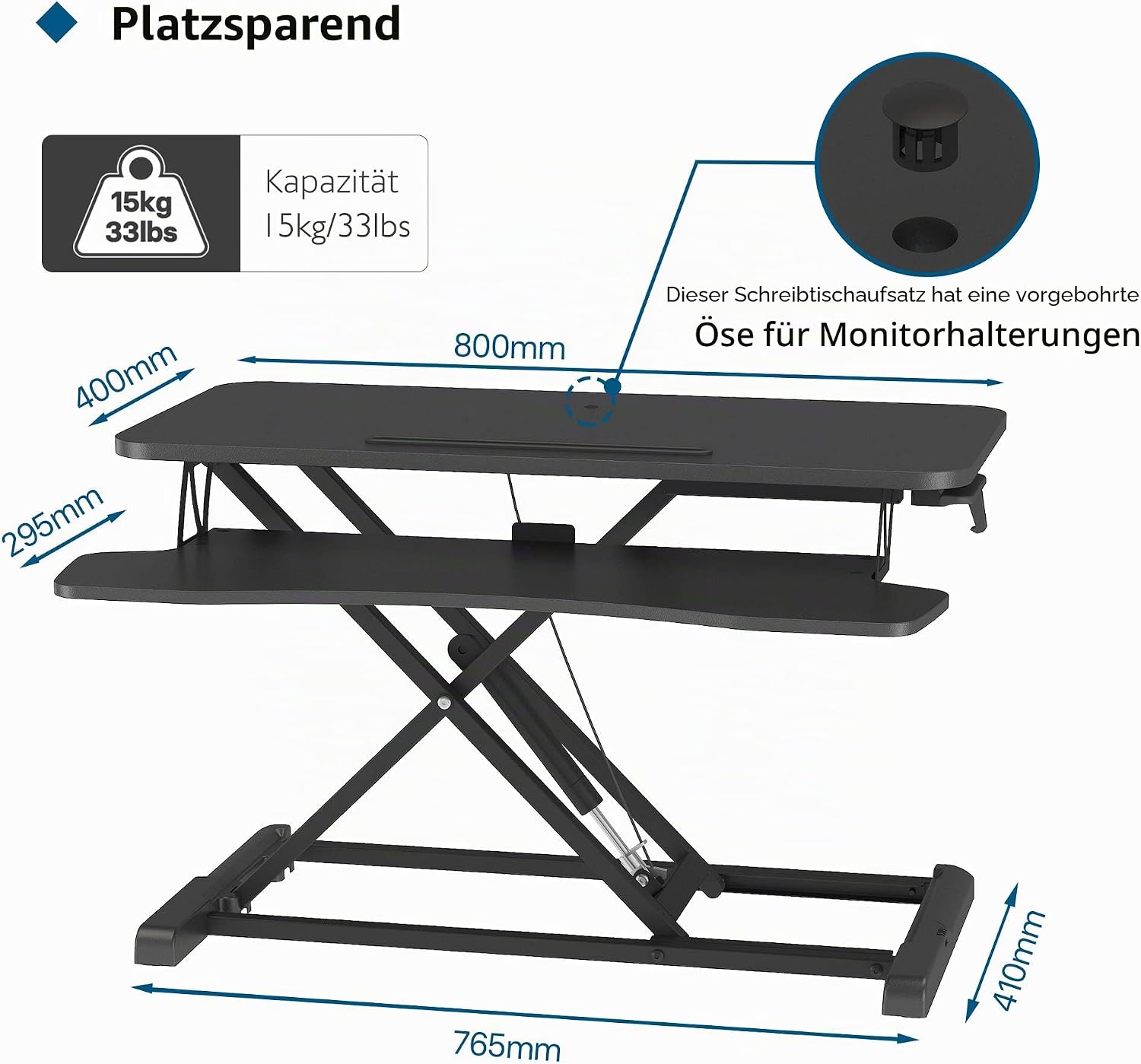 Thumbnail 1 de BONTEC Steh-Sitz Schreibtischaufsatz (Steharbeitsplatz) mit höhenverstellbarer Gasfeder, 80 x 40 cm, 15 kg Tragkraft, Schwarz