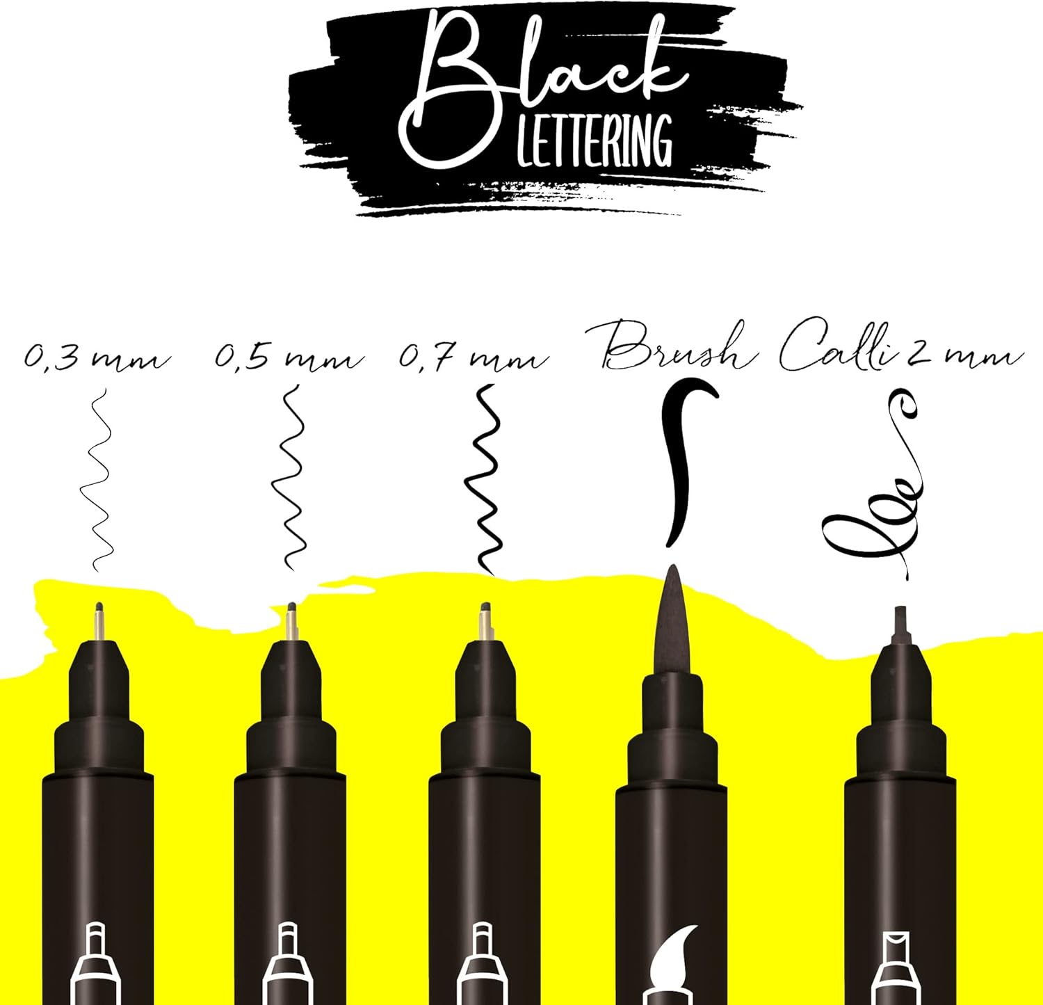 Detalle de Online 5x Fineliner Schwarz wasserbeständig Set mit Brush Pen, Fineliner- und Kalligrafie-Spitzen