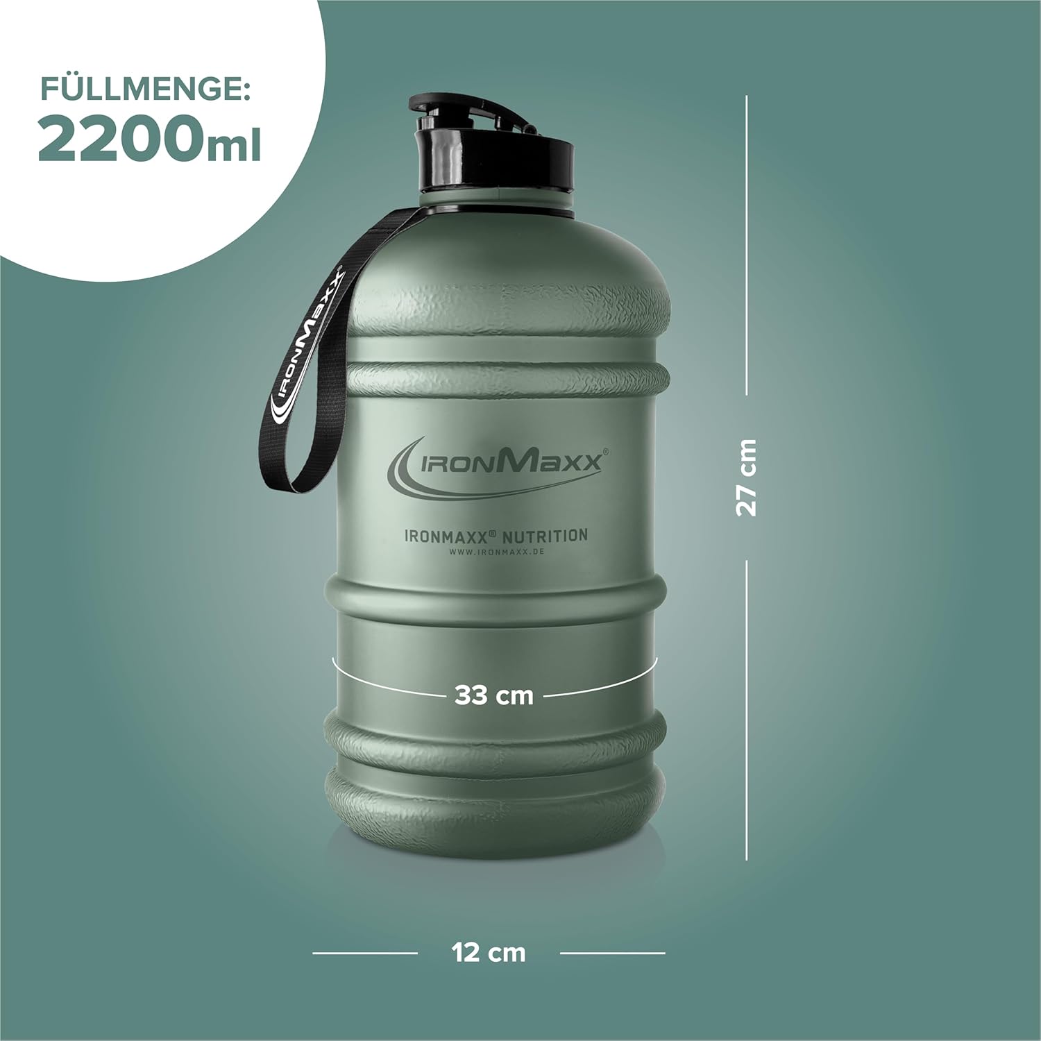 Detalle 2 de IronMaxx Water Gallon – Matt Mineral Green 2200 ml: Auslaufsicher, BPA- & DEHP-frei