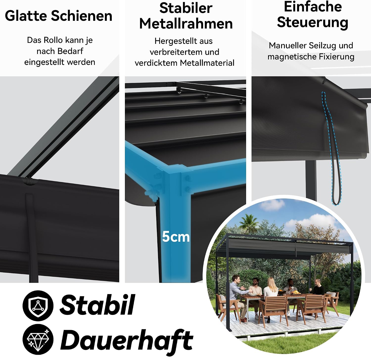 Detalle de VA-Cerulean Metall Pergola mit Schiebedach, 3x4 m – freistehender Pavillon aus Metall mit Sonnenschutz und schmalem Design in Schwarz
