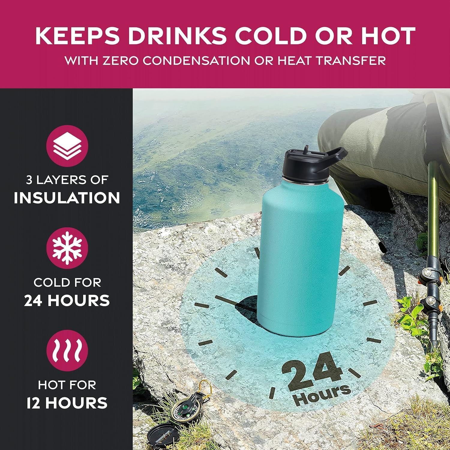 Thumbnail 2 de GARUET Triple-Walled Insulated Stainless Steel Water Bottle with Straw, 1888ml (Cheery Turquoise)