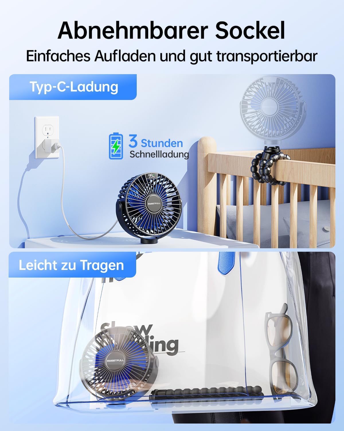 Thumbnail 5 de SWEETFULL Mini Ventilator für Kinderwagen, Tisch & Reise – akkubetrieben (4000 mAh) mit 360°-Ausrichtung