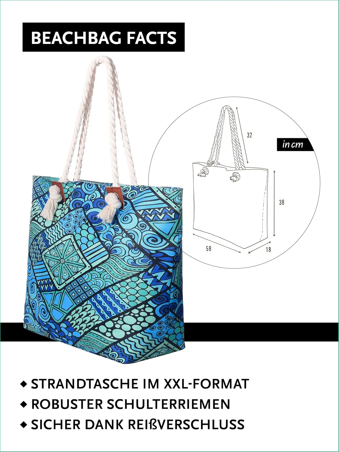 Detalle 2 de DonDon Strandtasche mit Reißverschluss XXL – robuste Badetasche für Strand & Meer