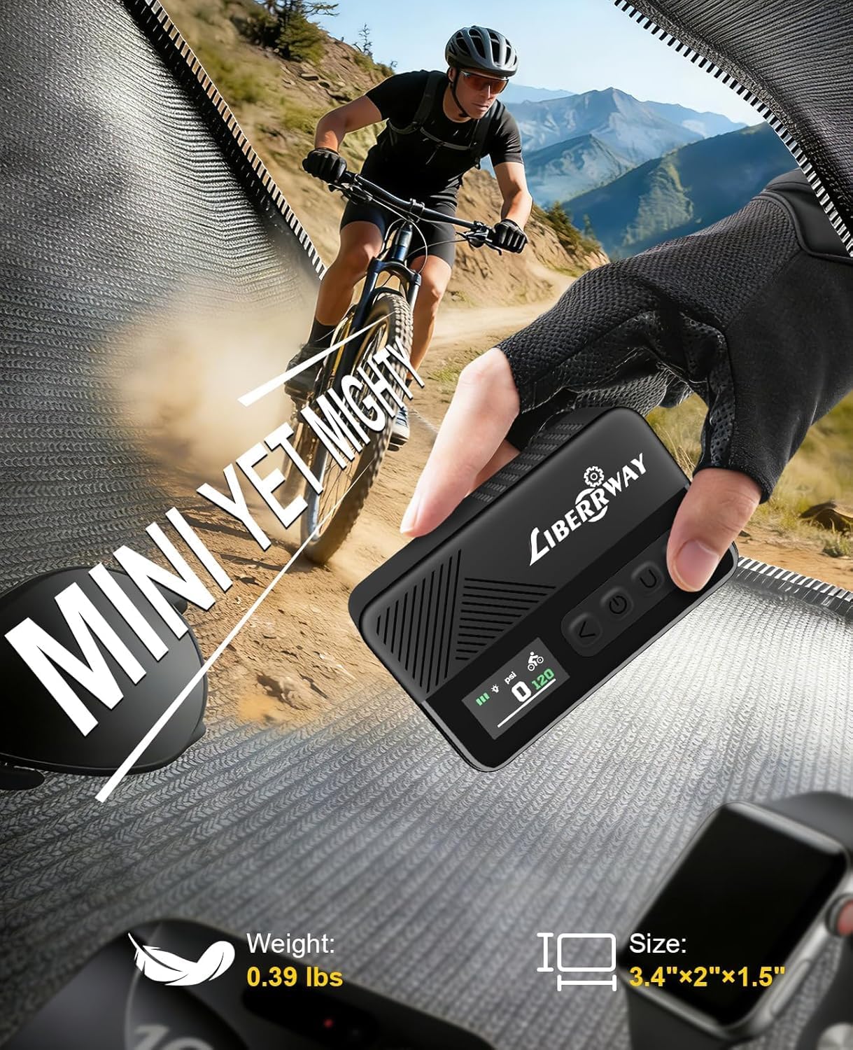 Thumbnail 3 de LIBERRWAY Mini Electric Bike Pump 120 PSI with Auto Stop, LED Light and USB-C Recharge