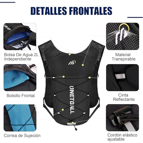 Thumbnail 5 de ONETOALL Chaleco Running con mochila de hidratación 2L para trail, 150 g y reflectantes