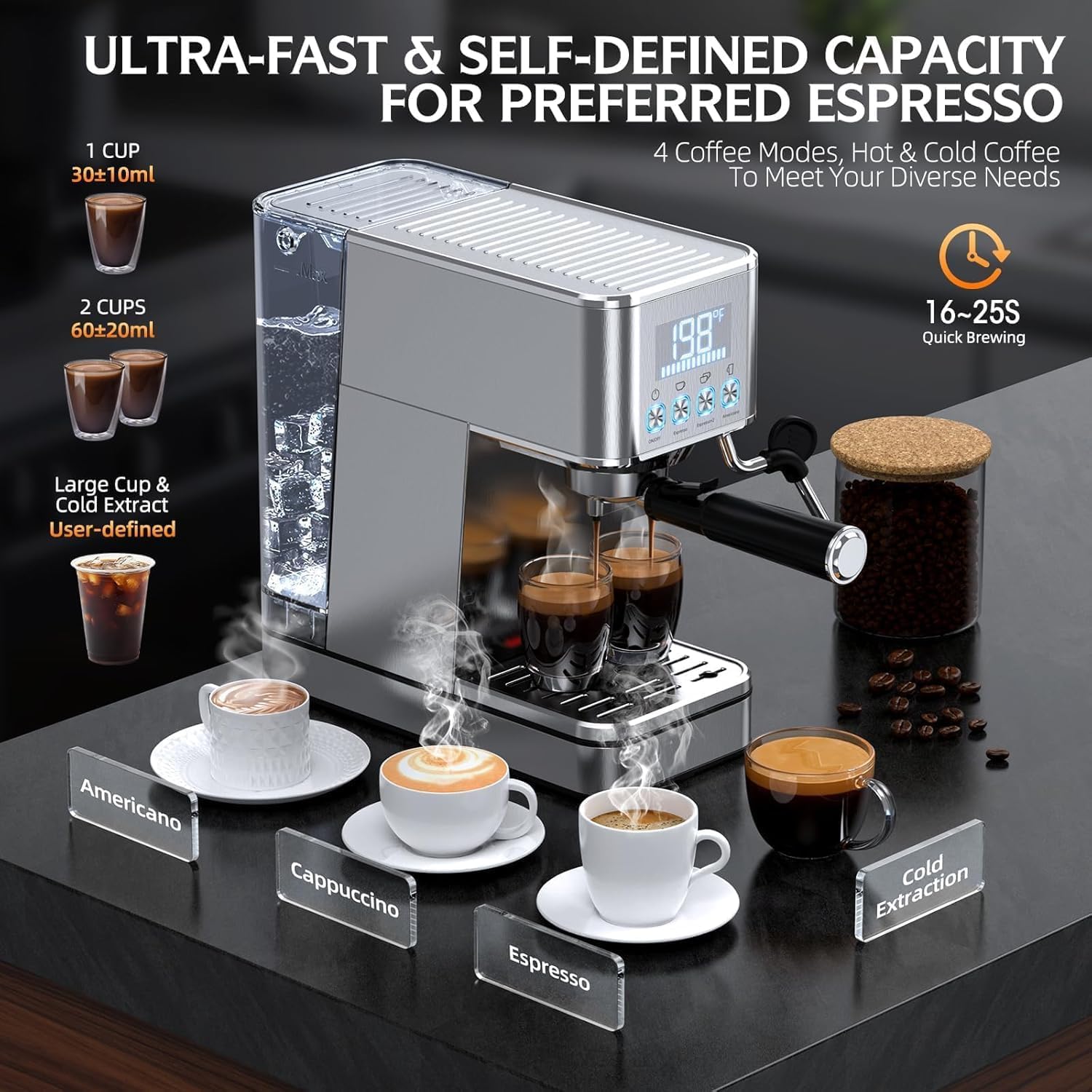 Detalle 2 de Parvusli EM626 Espresso Machine, 20-Bar Pump, Cold Brew Mode and PID Control